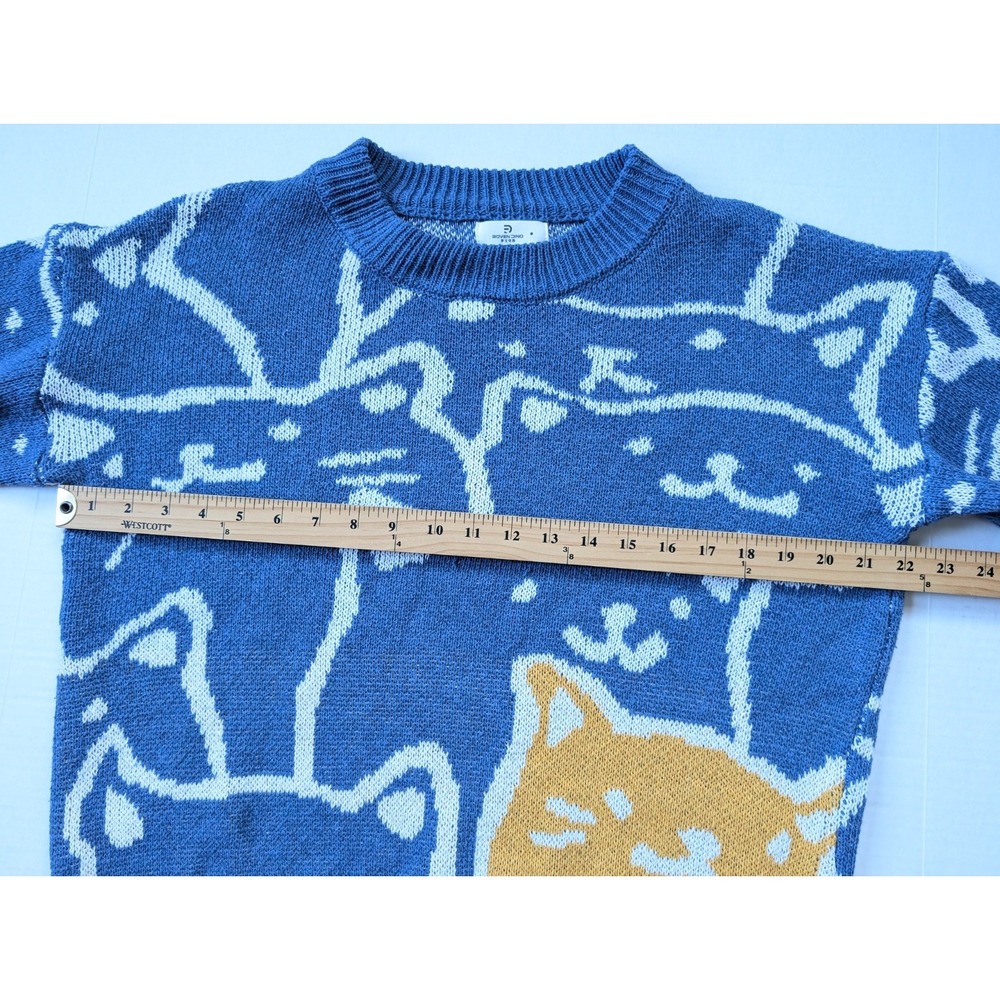 Roven Dino Cat Graphic Sweater Fits Womens Large Blue Boxy - Picture 4 of 6